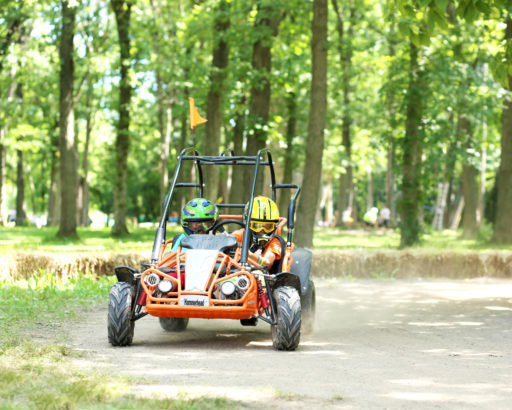 Campers ride in a dune buggy