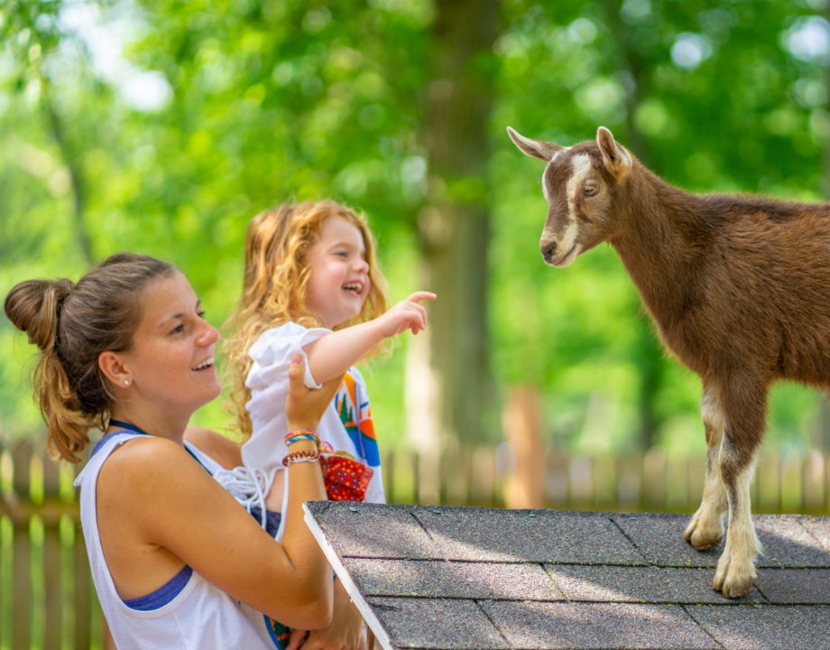 Female counselor with young camper at the farm